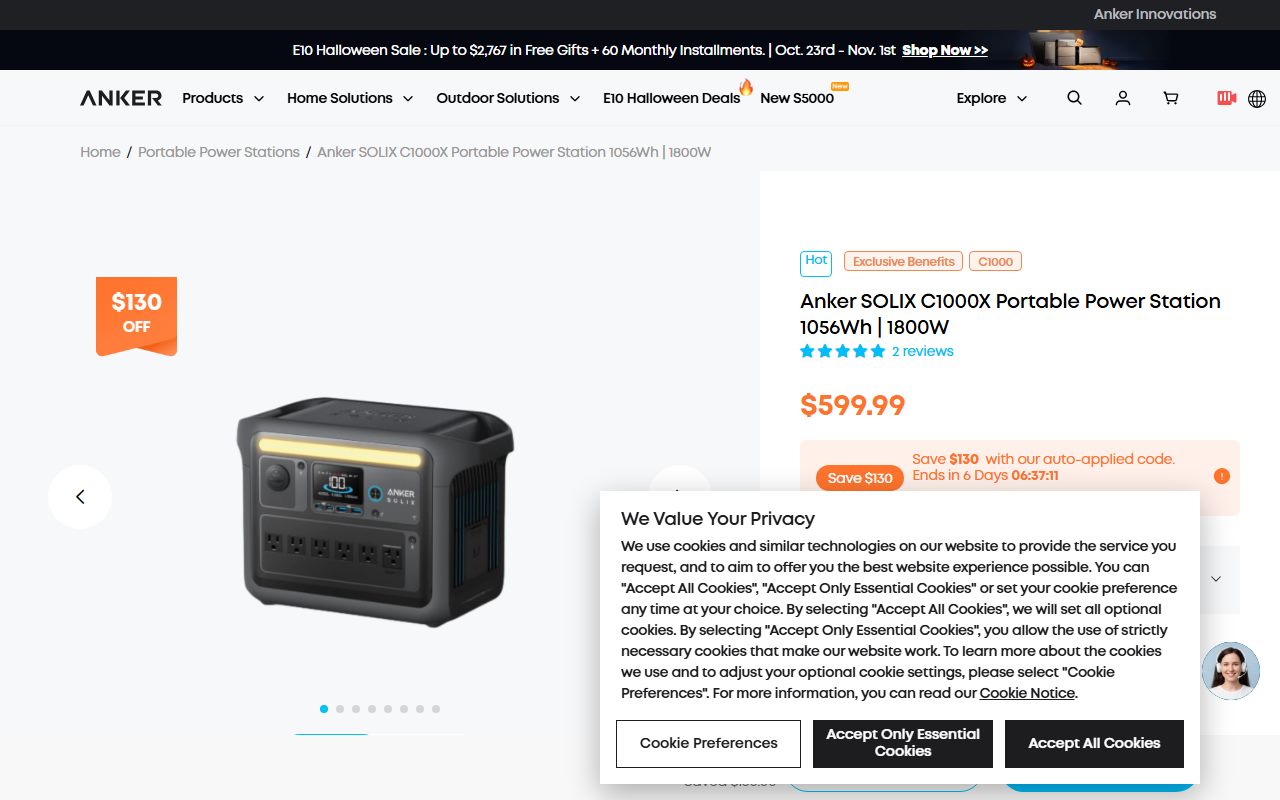 Anker SOLIX C1000's public homepage, captured automatically on October 27, 2026. Not a logged-in account; the page may have changed since.