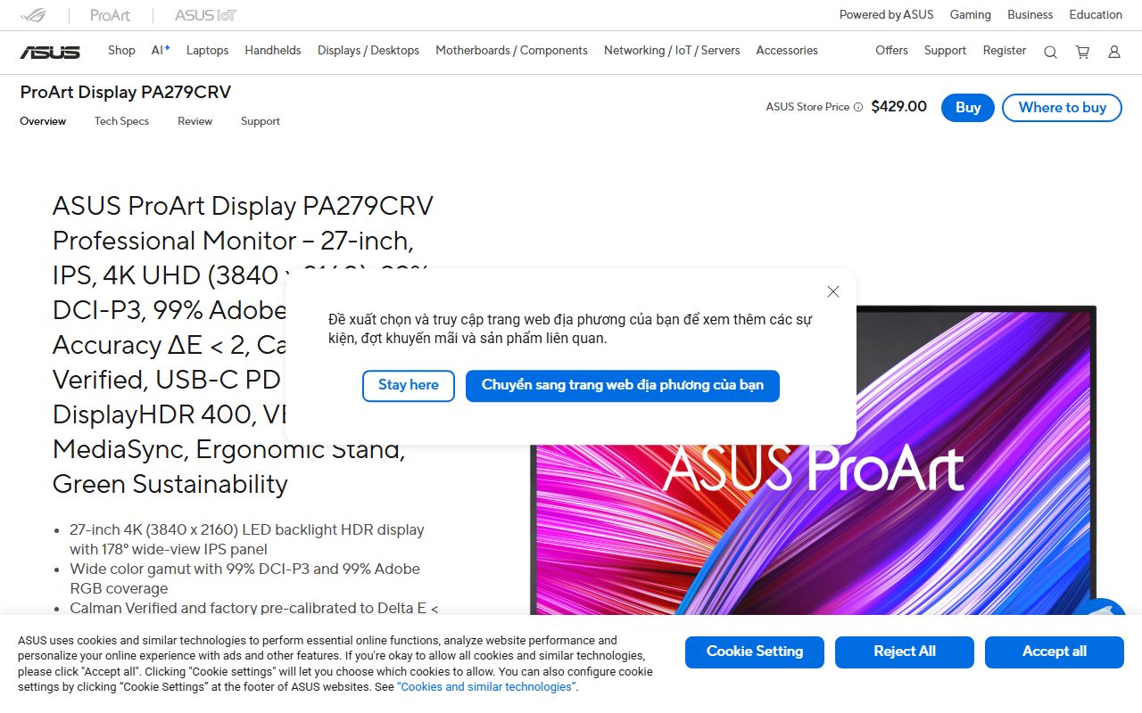 ASUS ProArt Display PA279CRV's public homepage, captured automatically on October 14, 2026. Not a logged-in account; the page may have changed since.
