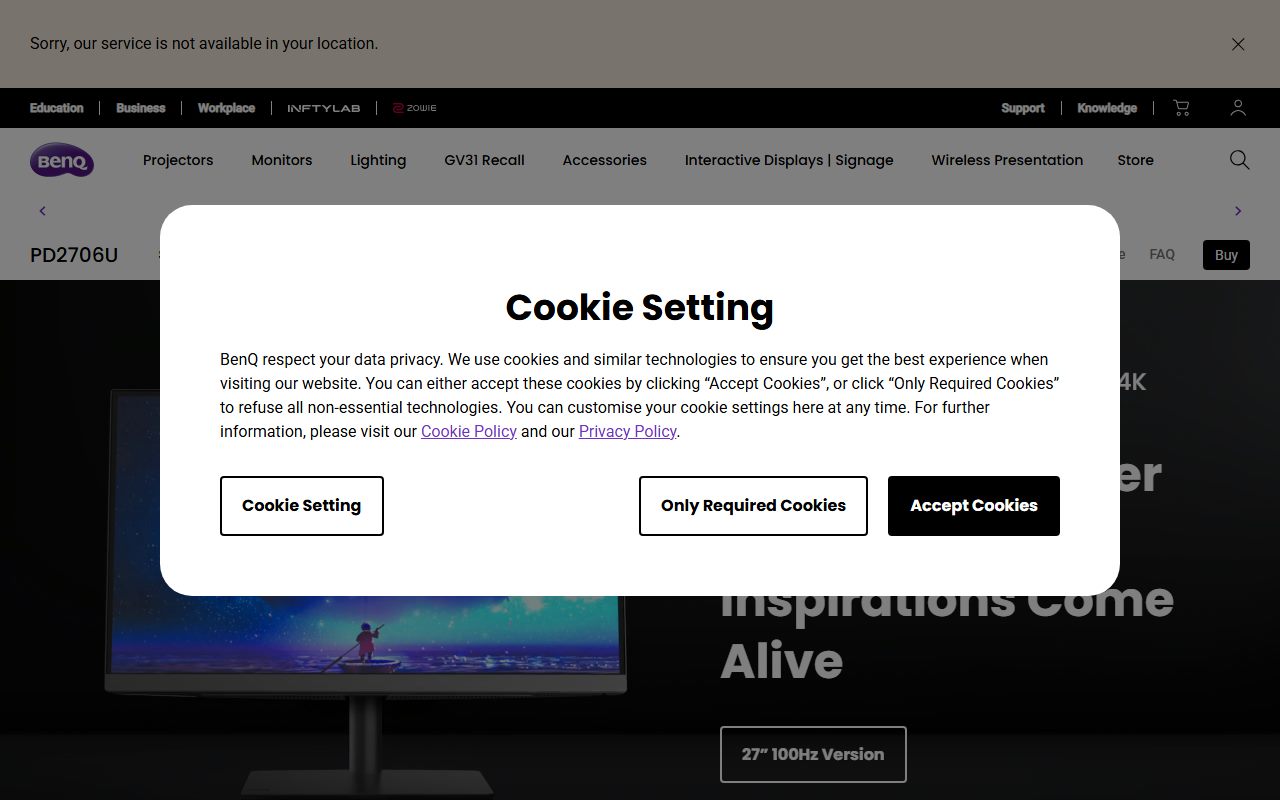 BenQ PD2706U's public homepage, captured automatically on October 15, 2026. Not a logged-in account; the page may have changed since.