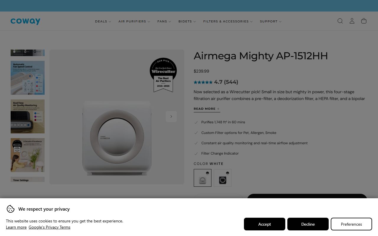 Coway Airmega AP-1512HH Mighty's public homepage, captured automatically on October 10, 2026. Not a logged-in account; the page may have changed since.