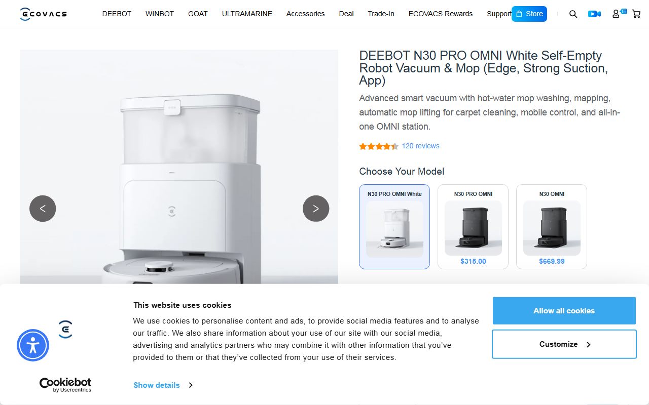 ECOVACS DEEBOT N30 Pro Omni's public homepage, captured automatically on October 17, 2026. Not a logged-in account; the page may have changed since.