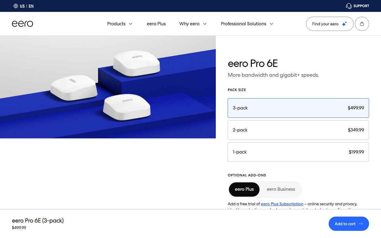 eero Pro 6E's public homepage, captured automatically on October 29, 2026. Not a logged-in account; the page may have changed since.